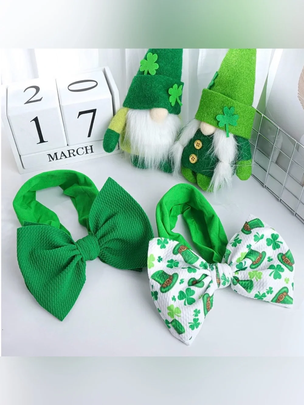 2 St. Patrick’s Day Baby Girl Oversized Bow Headbands Shamrock Green